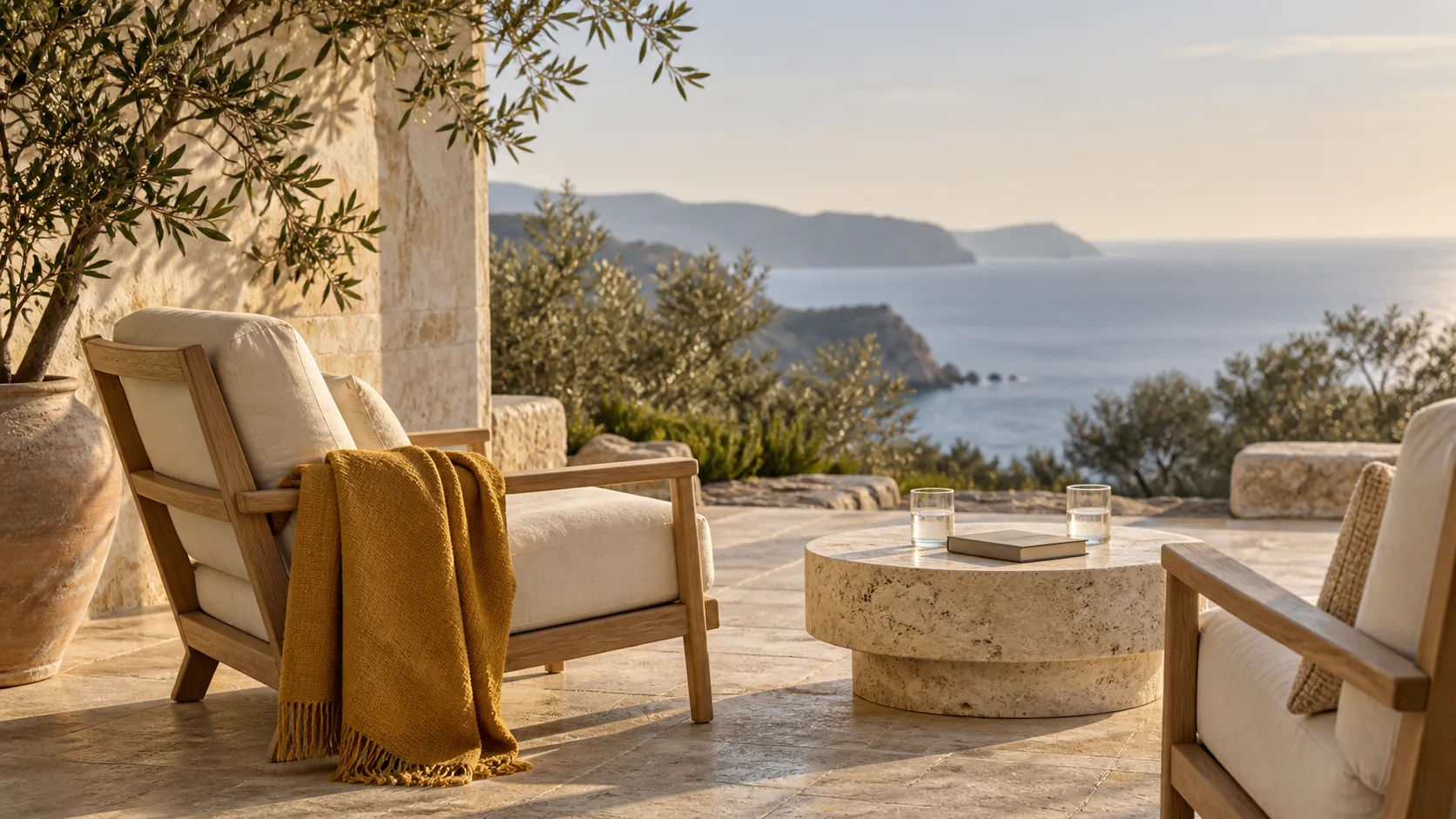 Gestaltete sonnige Terrasse mit gemütlichen Sesseln und weitem Meerblick